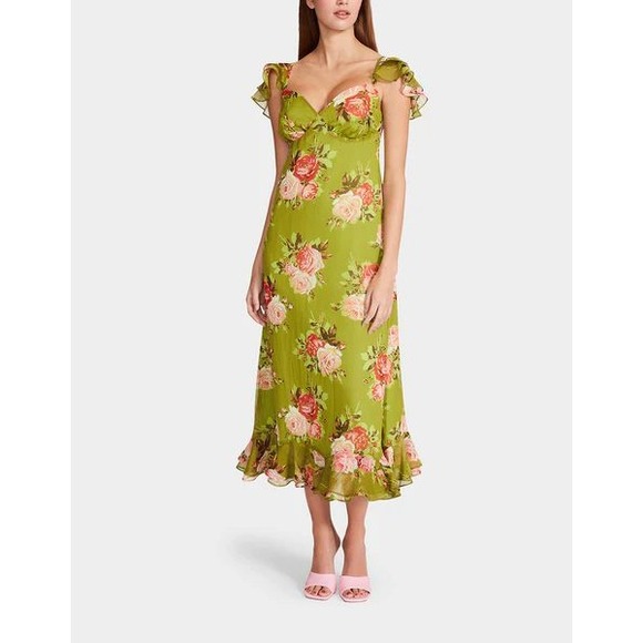 Betsey Johnson Dresses & Skirts - Betsey Johnson Green Floral Ruffle Smocked Midi Dress Medium Y2K Classic
